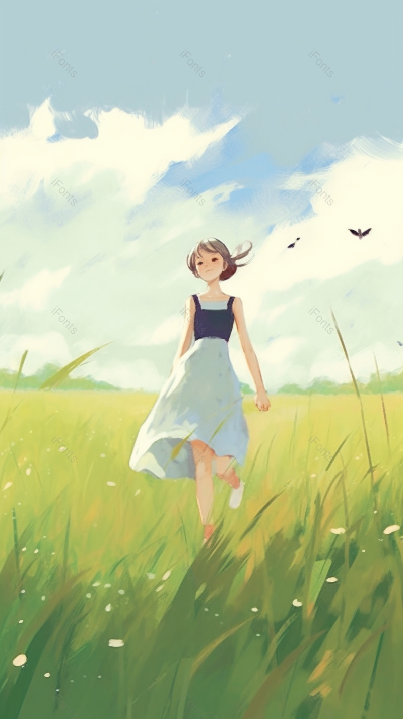绿色简约小清新少女草地户外插画设计背景,插画/手绘图,插画/手绘图库,插画/手绘图下载,插画/手绘